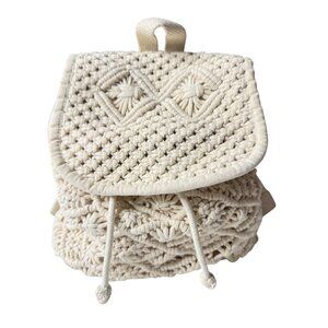 Handwoven Cream Boho Macrame Mini Backpack W/Adjust. Straps & Drawstring Closure